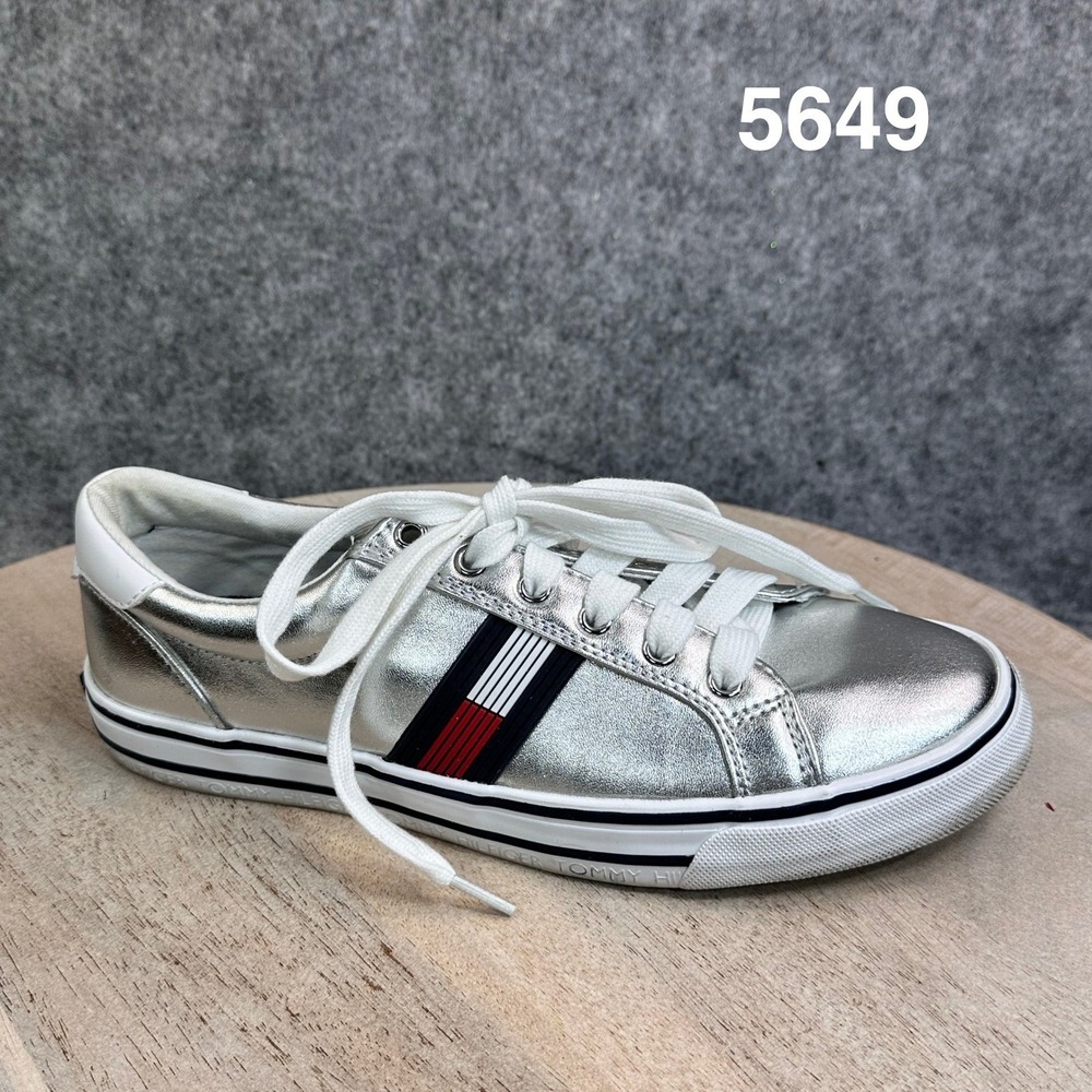 Tommy Hilfiger Womens Metallic Silver Low Top Flag Logo Sneakers Lace Up Shoes